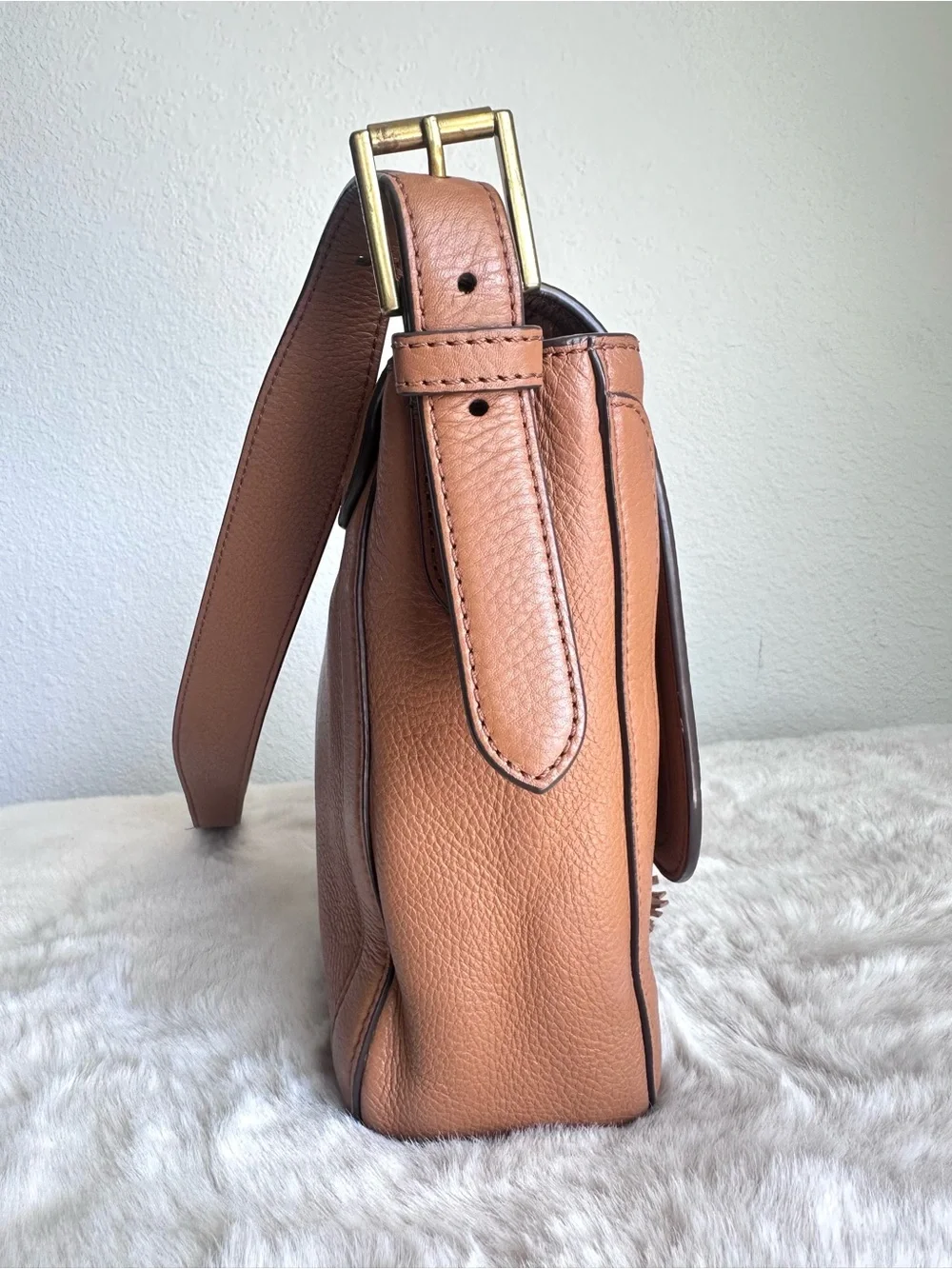 Tory Burch Frances Saddle Bag pebbled leather brown tassel
